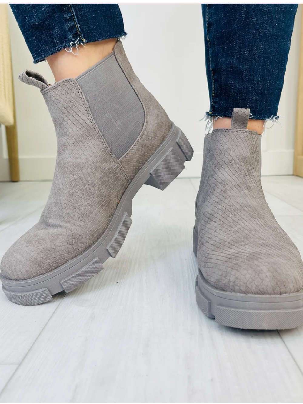 ShuShop Taupe Textured Chelsea Lug Ankle Boots